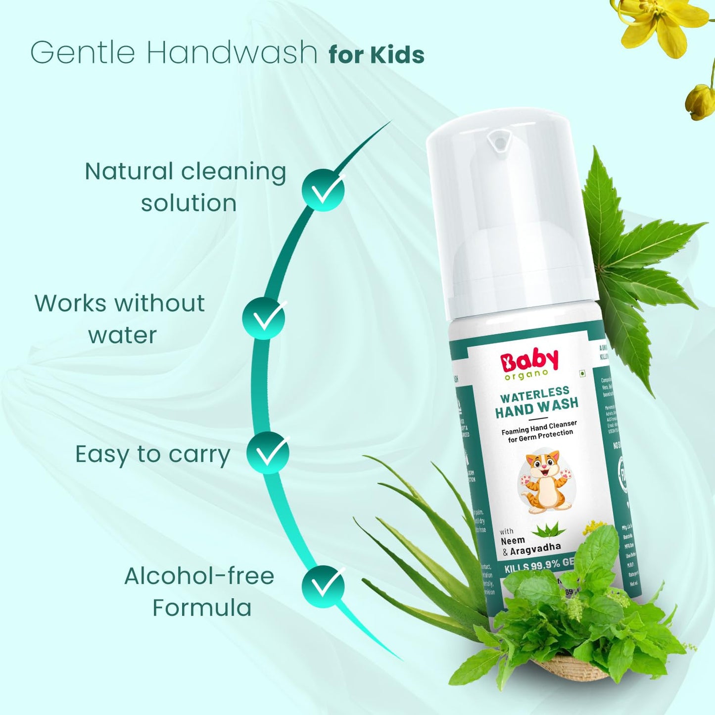 BabyOrgano Waterless Foaming Hand Wash for Kids 0+ Years | Kills 99.9% Germs | No Rinse Needed | Neem, Tulsi & Aloe Vera | Alcohol Free | Paraben Free | FDCA Approved | 50ml (Pack of 1)