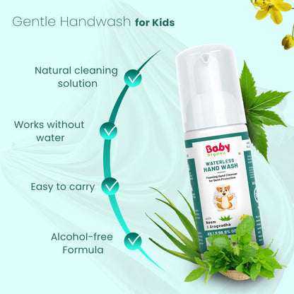 BabyOrgano Waterless Foaming Hand Wash for Kids 0+ Years | Kills 99.9% Germs | No Rinse Needed | Neem, Tulsi & Aloe Vera | Alcohol Free | Paraben Free | FDCA Approved | 50ml (Pack of 1)