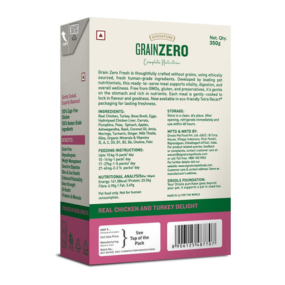 Grain Zero Dog Fresh Food Tetra Pak Real Chicken & Turkey Delight, for Adult & Puppy, 350g | Supports Joint & Health | Anti-Inflammatory Properties | Ready to Serve | One Pack One Meal
