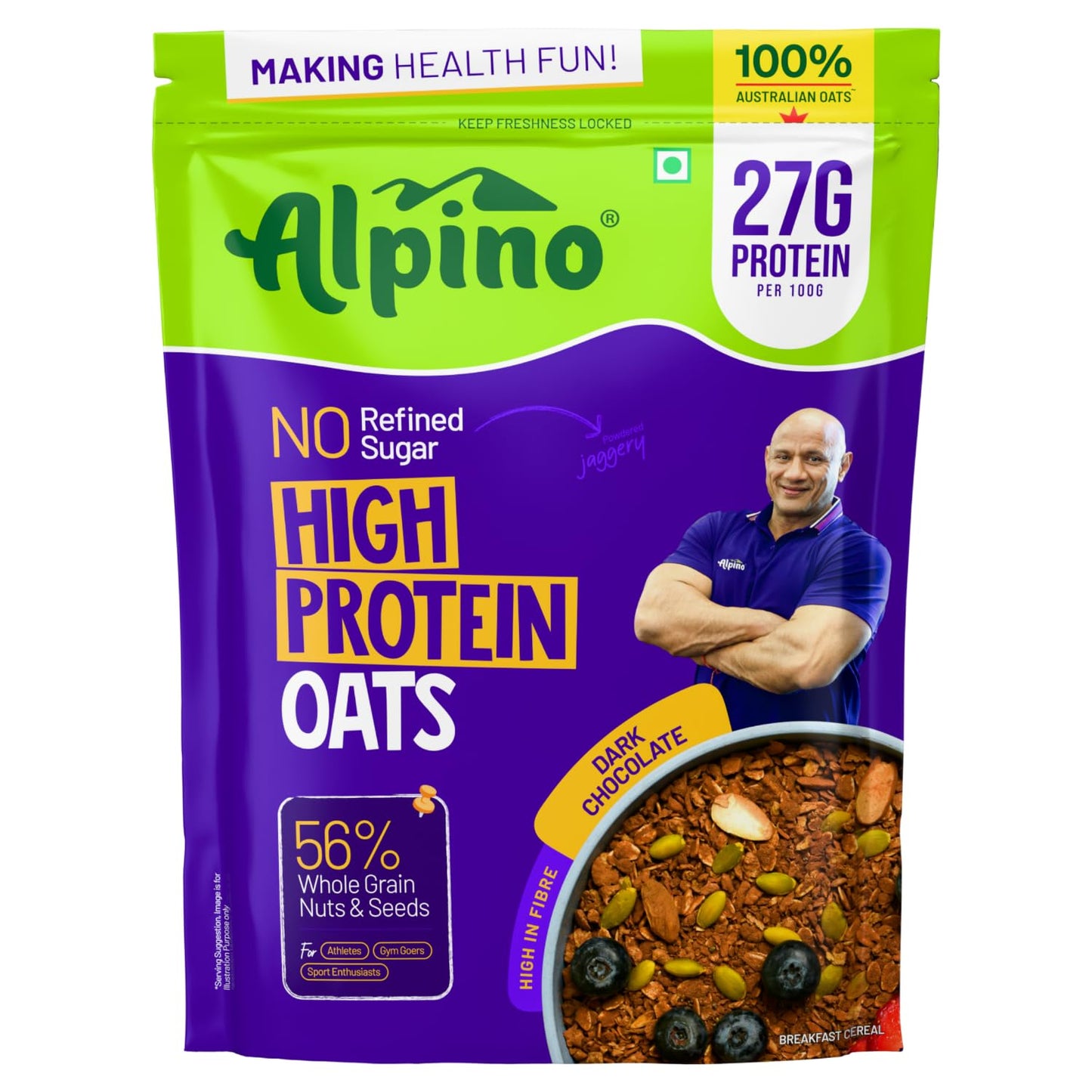 ALPINO 27g High Protein Oats Dark Chocolate- Rolled Oats, Protein Blend, Jaggery Powder, Cocoa Powder, Nuts & Seeds - Source of Dietary Fibre & Healthy Fats, No Refined Sugar & Salt