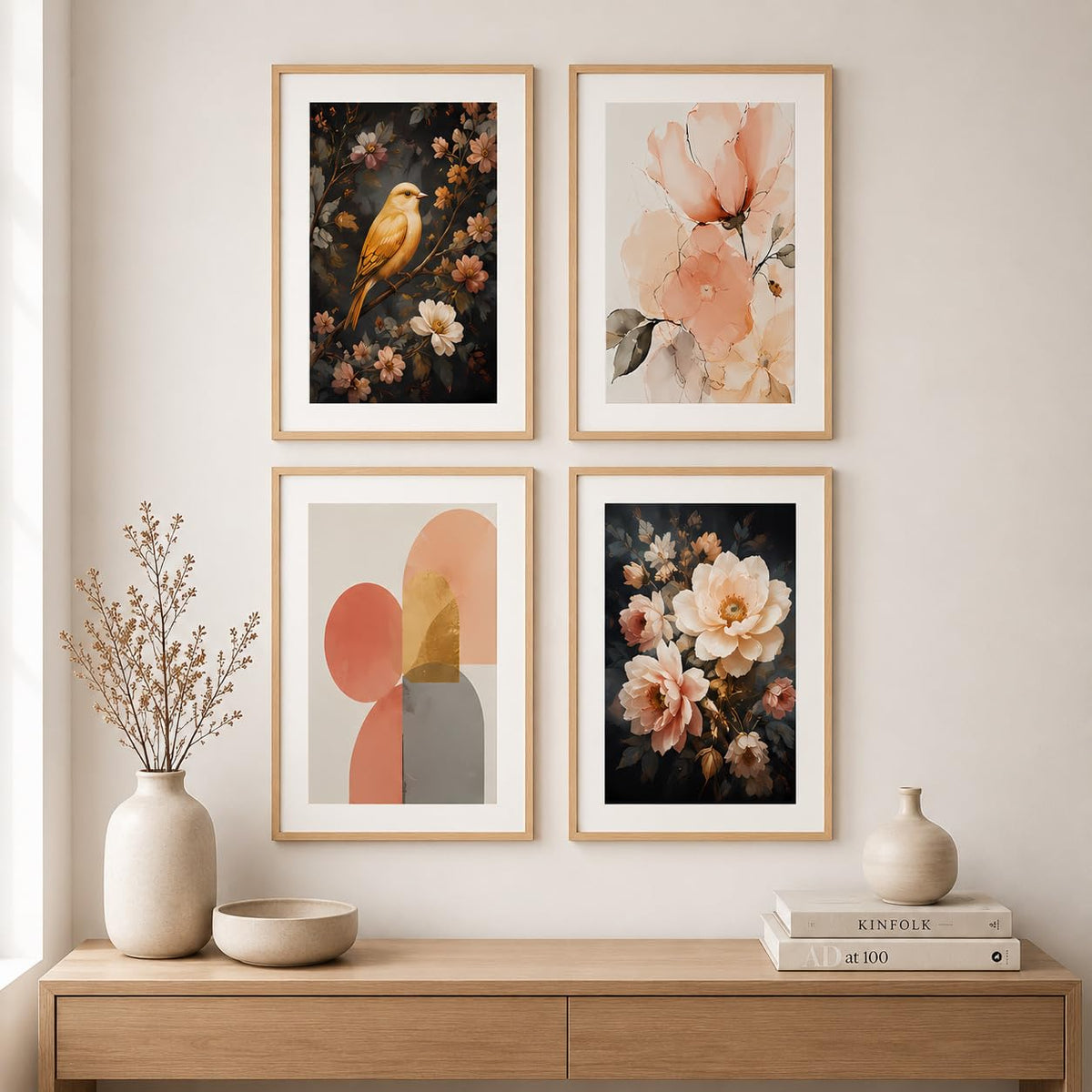Set of 4 Floral Bird & Abstract Wall Paintings with Sparkle Laminate and Premium Wooden Synthetic Frame for Living Room Bedroom Office Decor (13.5 x 19.5 Inch)