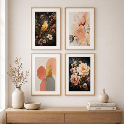 Set of 4 Floral Bird & Abstract Wall Paintings with Sparkle Laminate and Premium Wooden Synthetic Frame for Living Room Bedroom Office Decor (13.5 x 19.5 Inch)