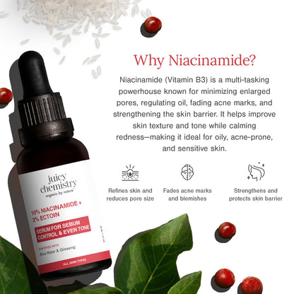Juicy Chemistry 10% Niacinamide + 2% Ectoin Serum, 30ml | Brightening, Hydrating & Barrier-Repair Face Serum | Controls Excess Oil | Unclogs & Reduces Enlarged Pores | Calms Redness & Inflammation | Dermatologically Tested