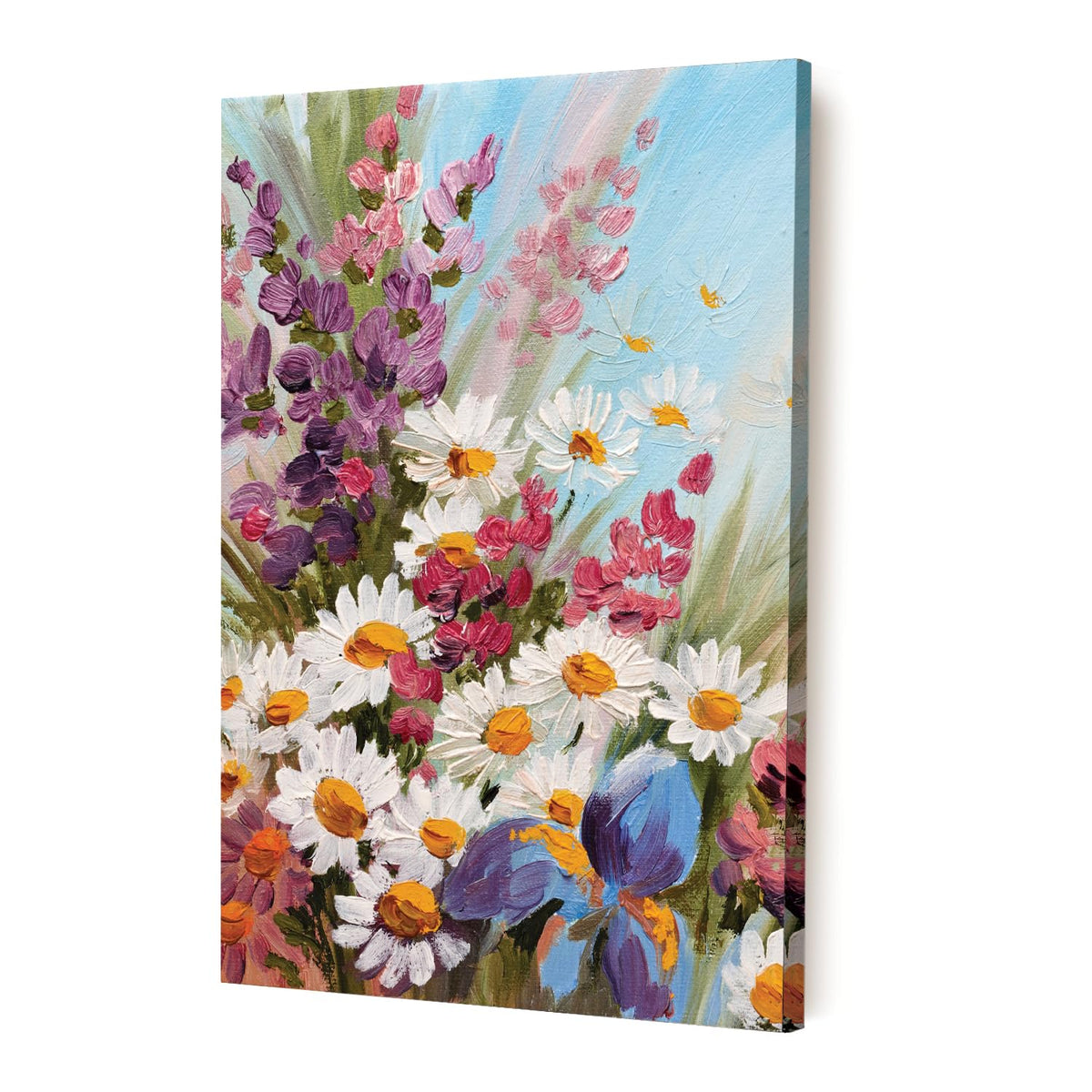 White Sunflowers Floral Canvas Wall Art Painting for wall decoration, Multicolour MultiFlowers Stretched Canvas Painting for living room, bedroom, Home and Office, 16x22 Inch