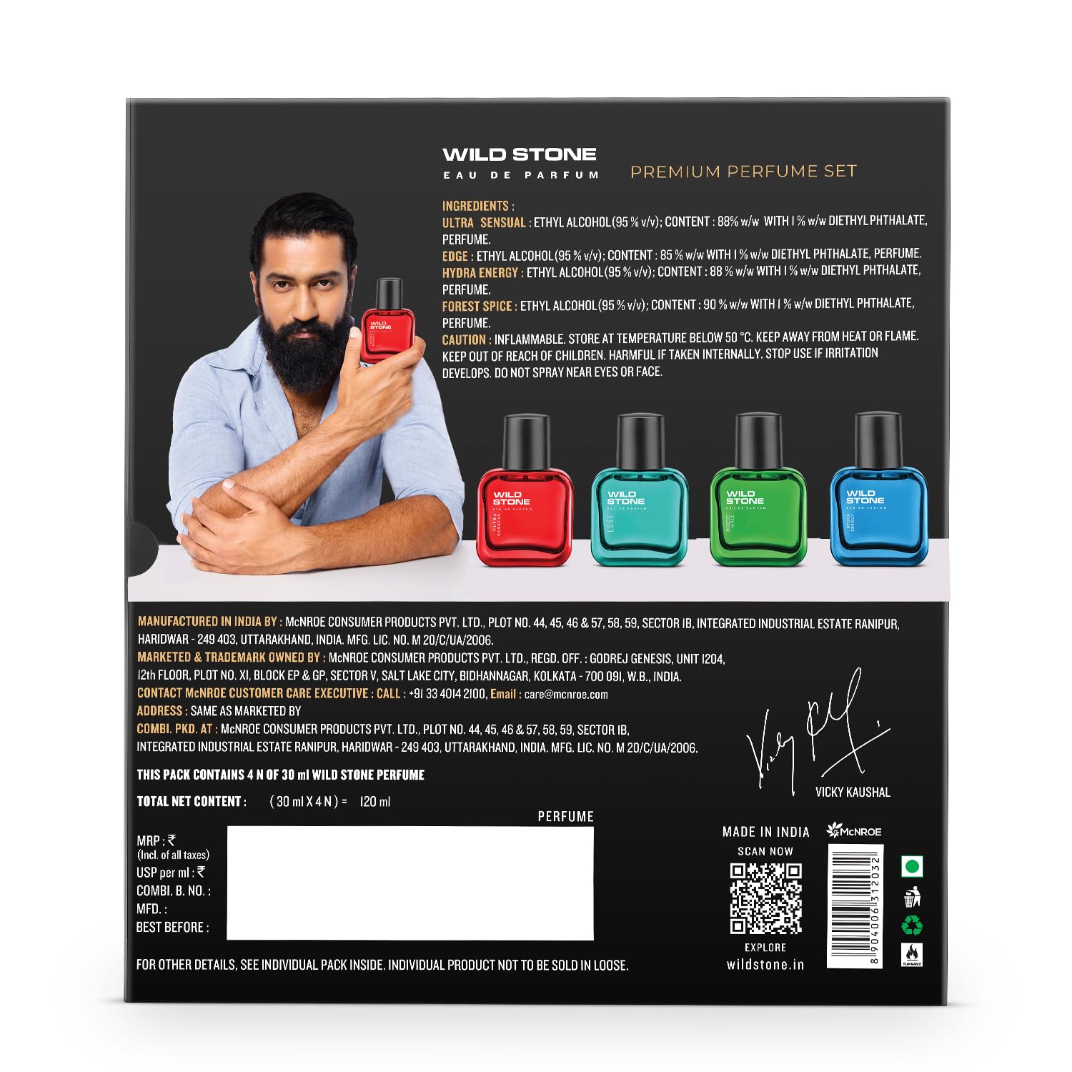 Back view of a Wild Stone perfume set packaging with a man holding a red bottle.