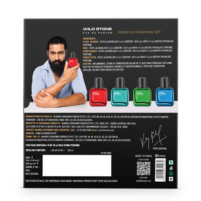 Back view of a Wild Stone perfume set packaging with a man holding a red bottle.