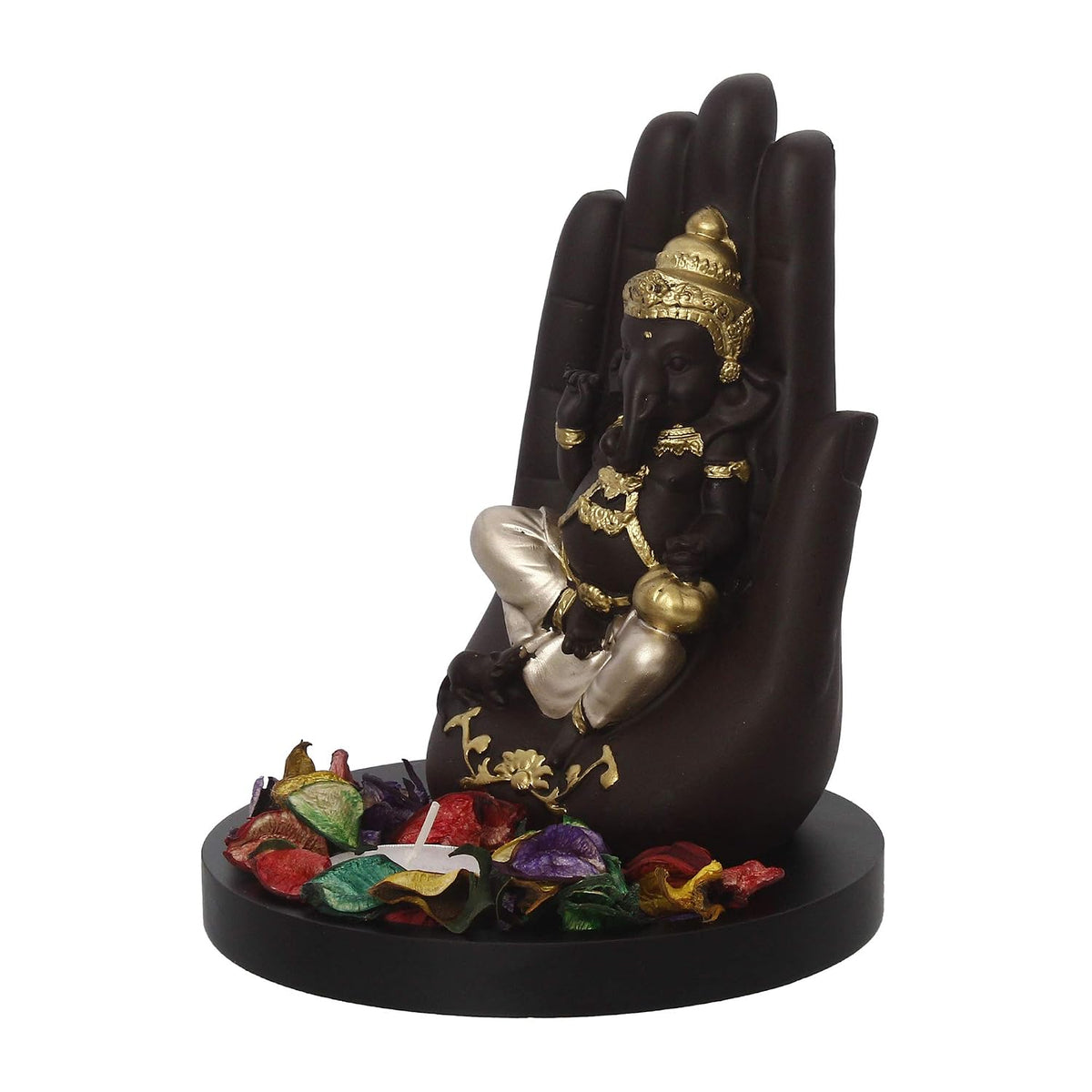 Black Golden Resin Palm Ganesha Idol Showpiece Potpourri Tea Light Candle Holder| Lord Buddha Statue Tea Light Holder| Diwali Decoration Items for Home Decor | Gift for Diwali Housewarming