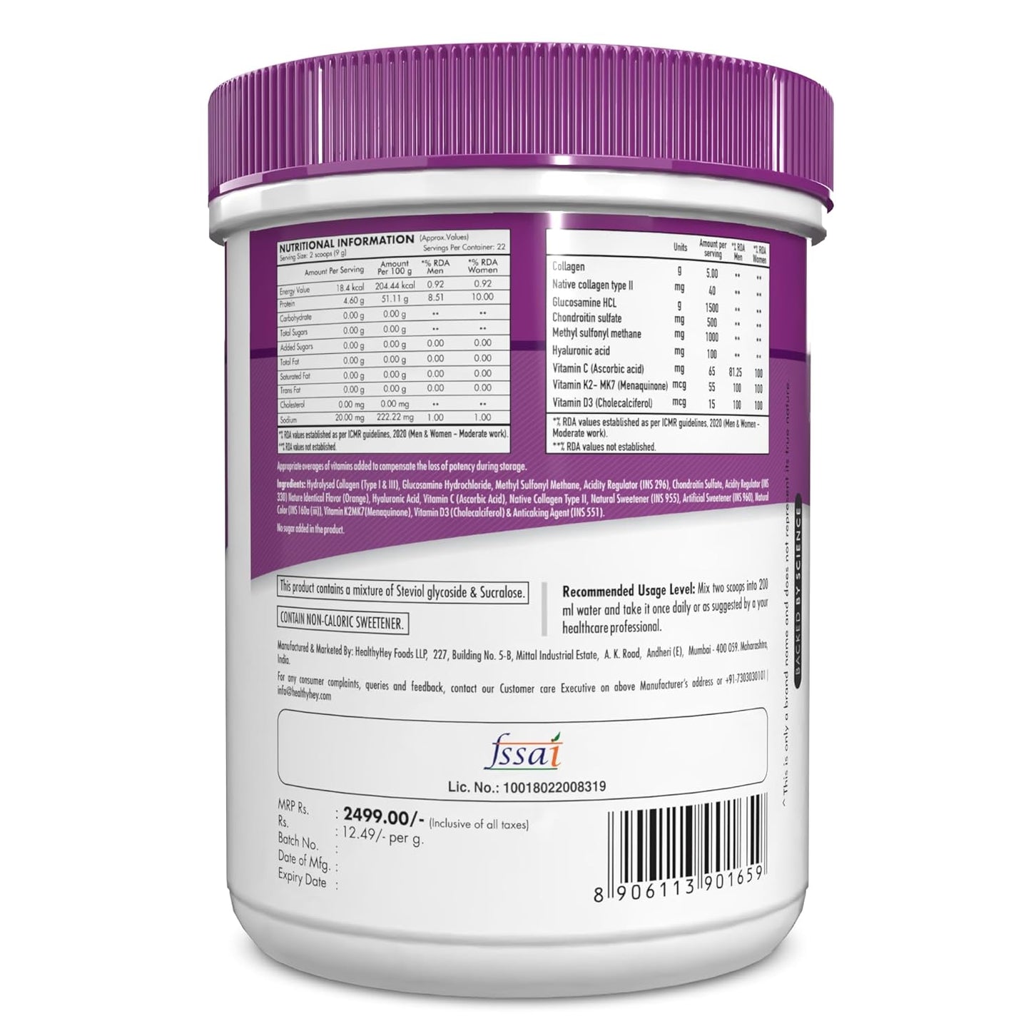 Zephivo HealthyHey Nutrition Jointrelief Collagen Peptide Powder Type 1, 2 & 3 (Hydrolysed) With Glucosamine, Chondroitin, Msm- Support Joint And Cartilage Health - 200G (Orange)

