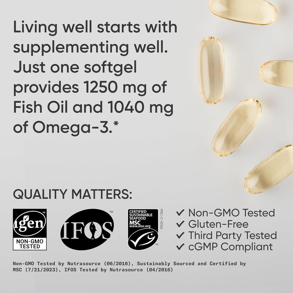 Fish oil supplement capsules with text and certification logos on a light background