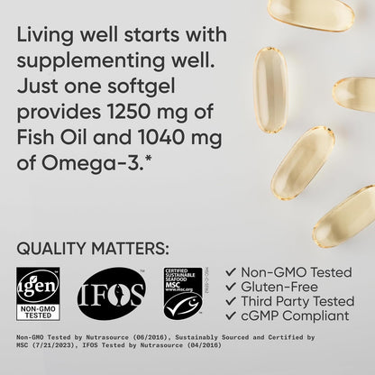 Fish oil supplement capsules with text and certification logos on a light background