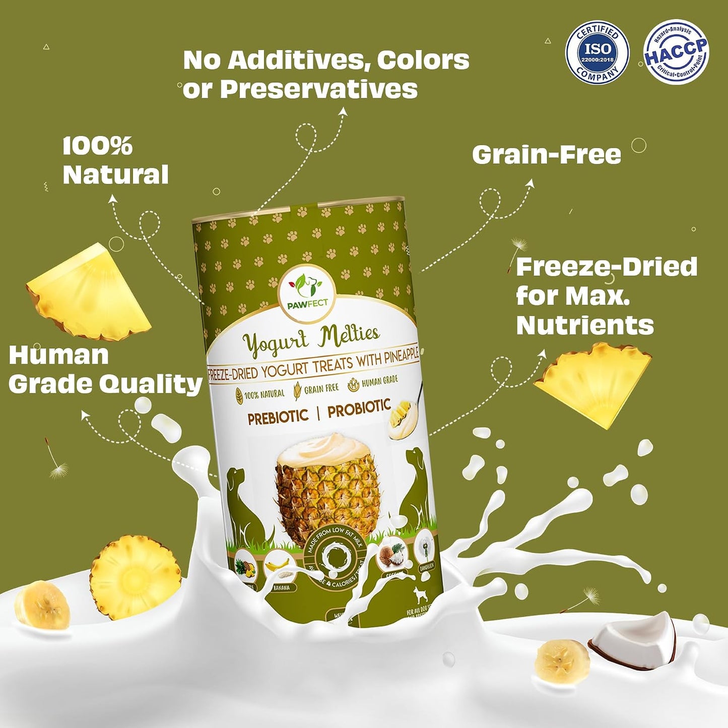 Pawfect Yogurt Melties Freeze Dried Pre and Probiotic Dog Treats with Pineapple, Coconut, Banana, Dandelion - Healthy Gut - Low Calories - Grain & Gluten Free - Reward or Training Treats (38g/1.34oz)