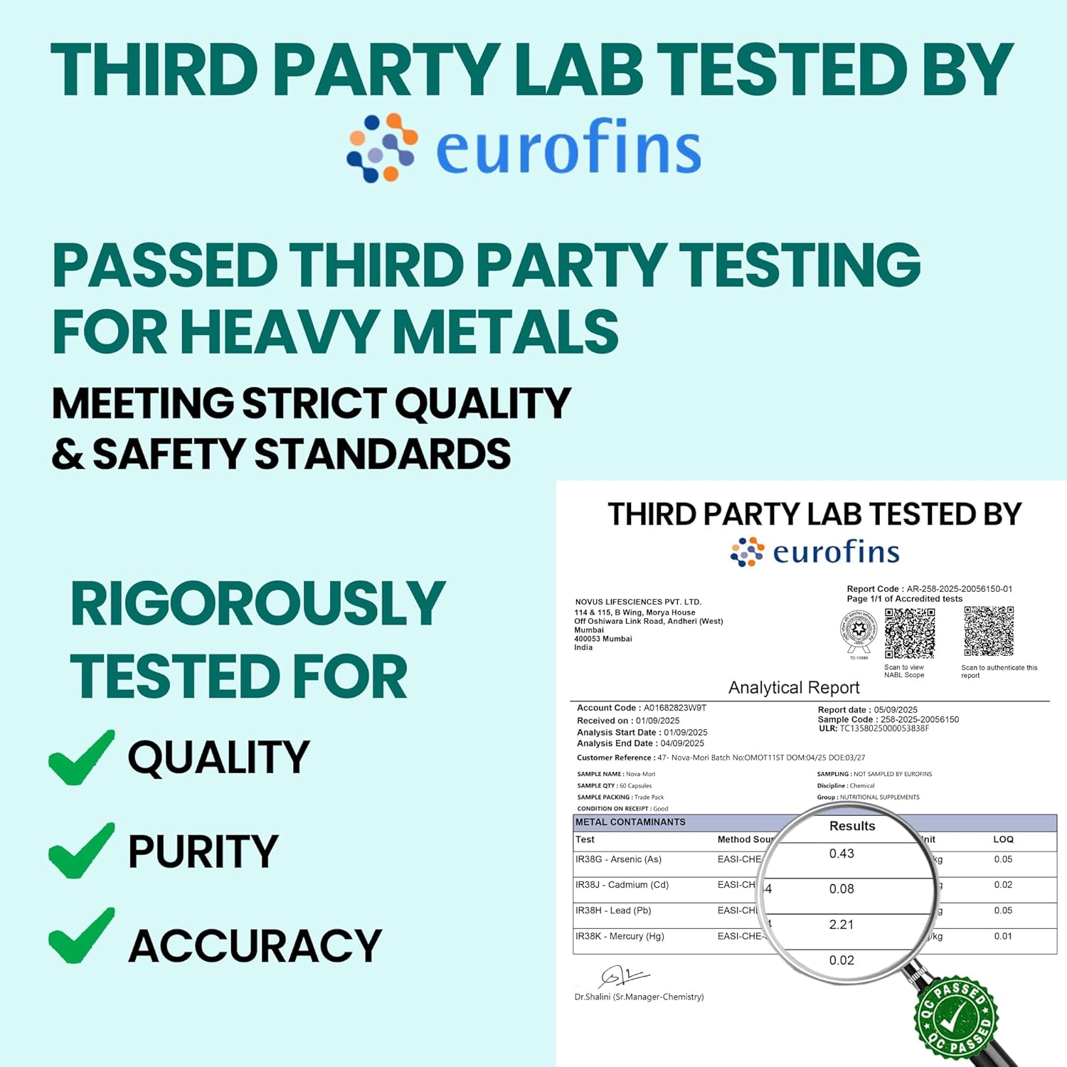 Eurofins third-party testing certificate for heavy metals with a magnifying glass icon.