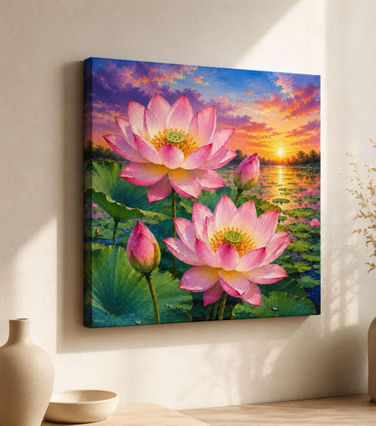 Lotus Flower Painting for Wall Vastu (15+ DESIGNS) Framed Lotus Canvas Painting for Living Room, Bedroom | Nature Floral Wall Art with Multiple Design Variations (Pink Lotus, 18x18 Inch, Framed)