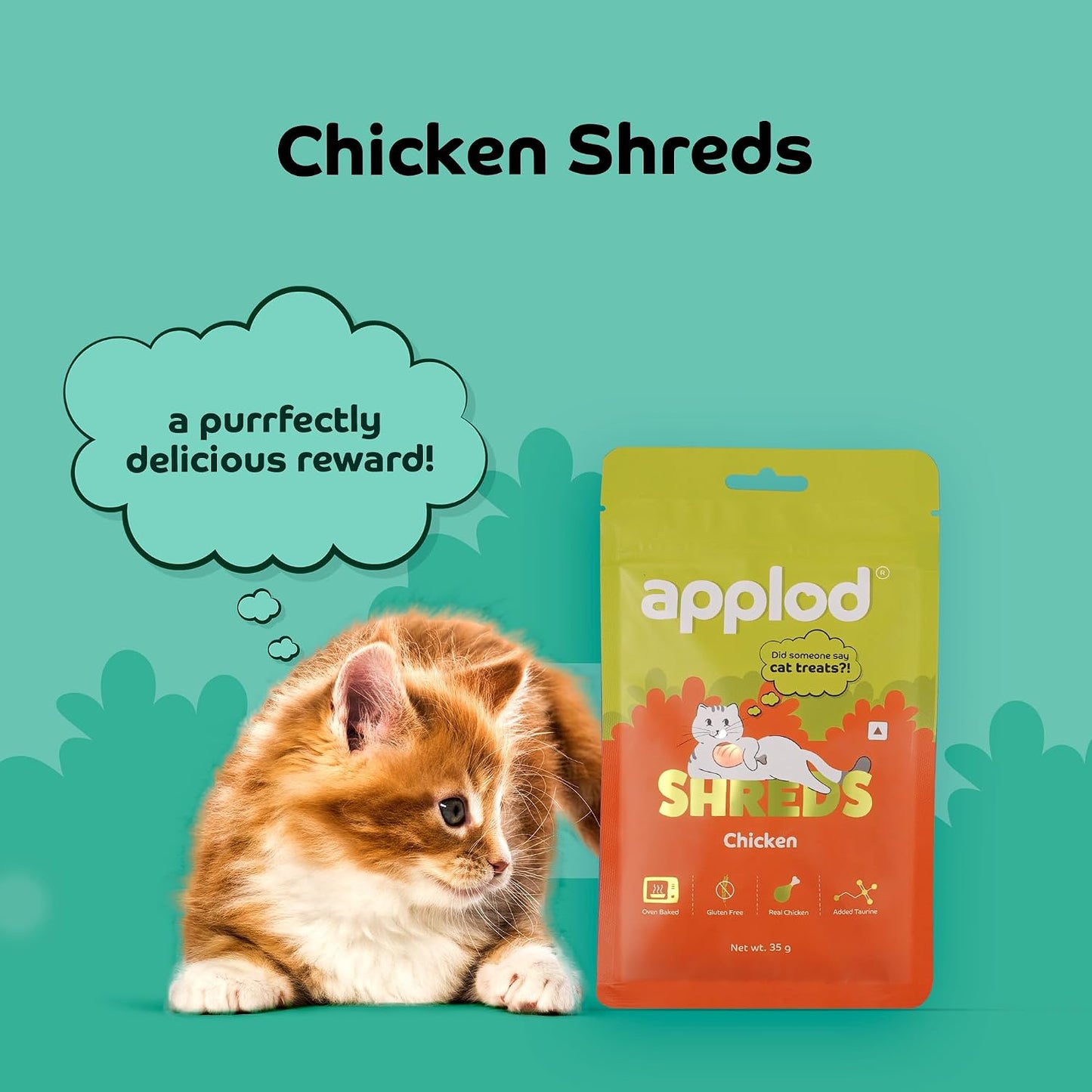 Applod Chicken Shreds Soft Cat Treats for Kittens & Adult Cats | Made with Real Meat | Grain-Free Daily Reward Treats with Taurine & No Fillers | 35g