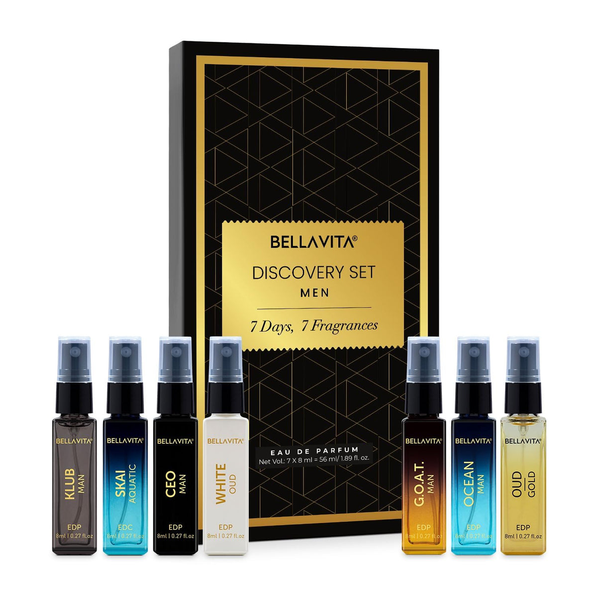 Bellavita Discovery Set for men with six perfume bottles in front of a black and gold box.