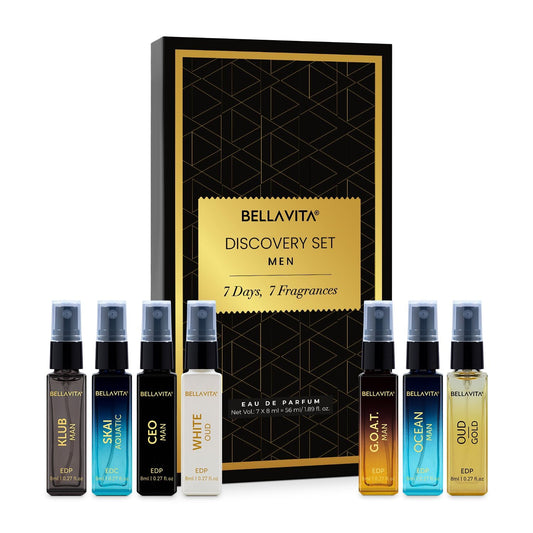 Bellavita Discovery Set for men with six perfume bottles in front of a black and gold box.