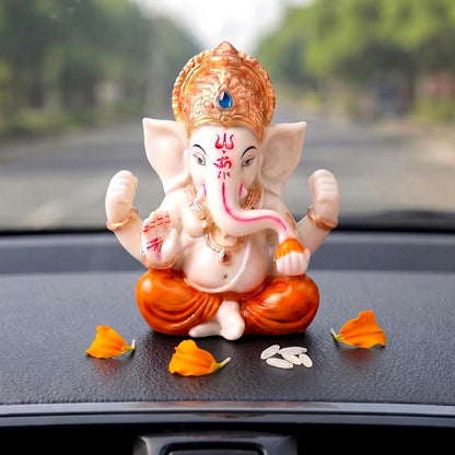 Ganesha Idol for Car Dashboard Ganesha Murti Ganpati Idol Home Decor Puja Lord Ganesh Statue Gift for Office for Office Desk Puja Room Figurine (Orange and Cream 2.5 inches)