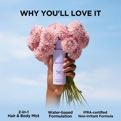 Hand holding a bouquet of pink flowers with a Bellayvita 2-in-1 Hair & Body Mist bottle, set against a clear blue sky.