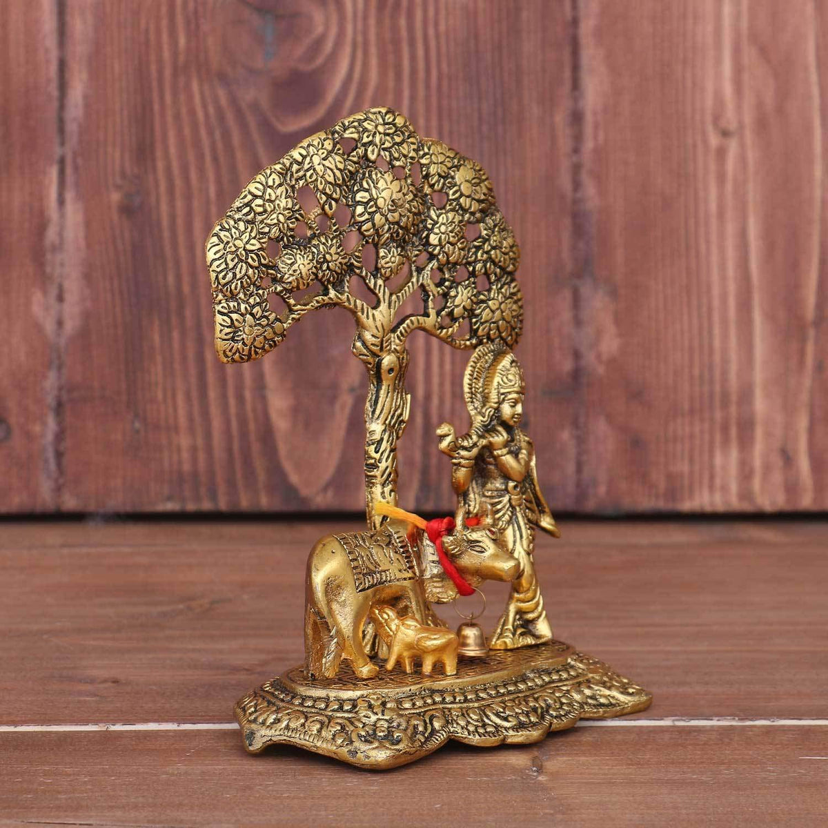 Premium Golden Finish Metal Krishna Playing Flute with Cow Sculpture, Decorative Hindu God Murti for Mandir, Office, Festive Gift and Home Decoration