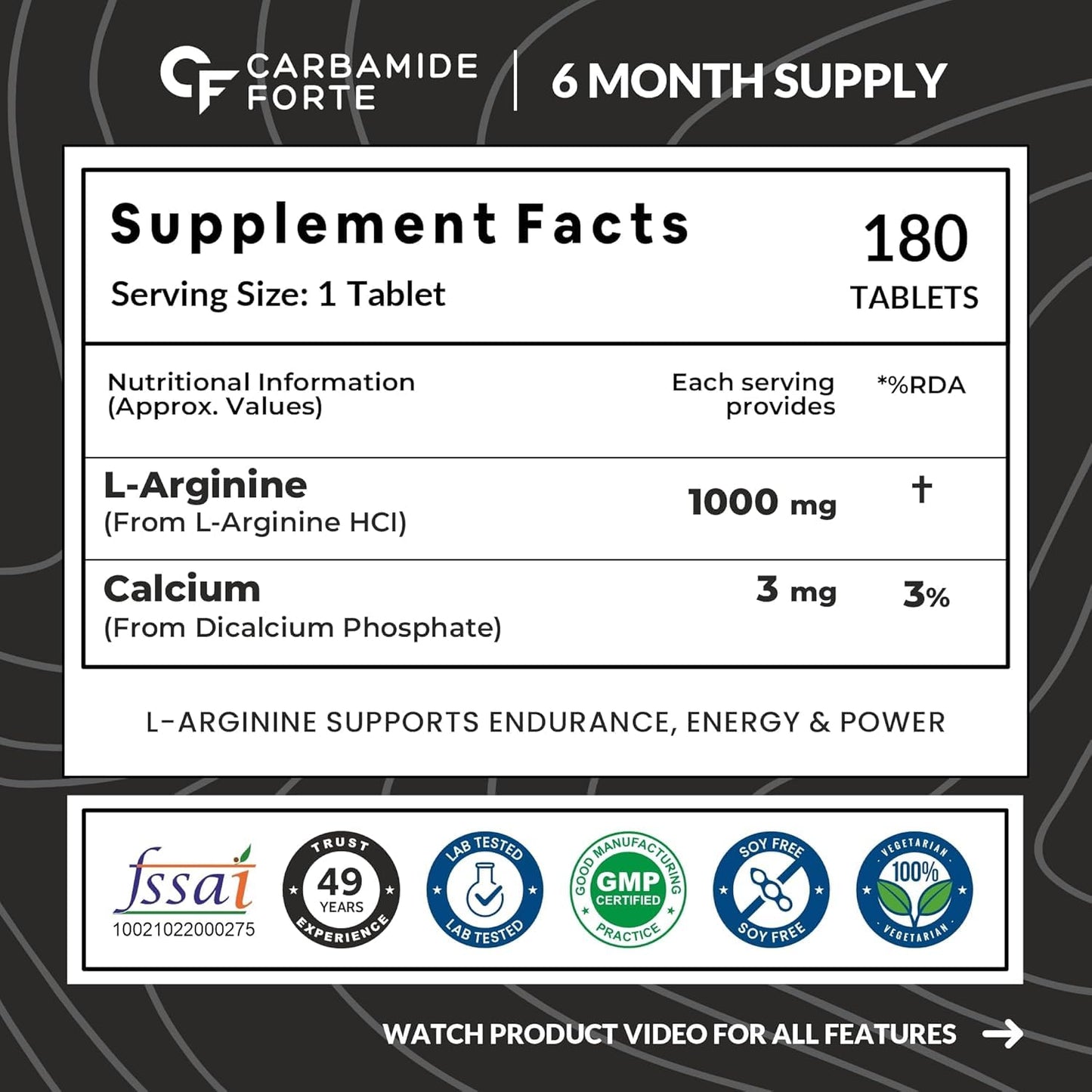 Carbamide Forte L Arginine 1000mg Tablets | L Arginine Tablet Supplement for Men & Women | Nitric Oxide Booster | Supports Blood Flow, Oxygen Delivery & Workout Performance | Veg 180 Tablets