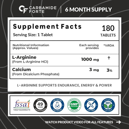Carbamide Forte L Arginine 1000mg Tablets | L Arginine Tablet Supplement for Men & Women | Nitric Oxide Booster | Supports Blood Flow, Oxygen Delivery & Workout Performance | Veg 180 Tablets