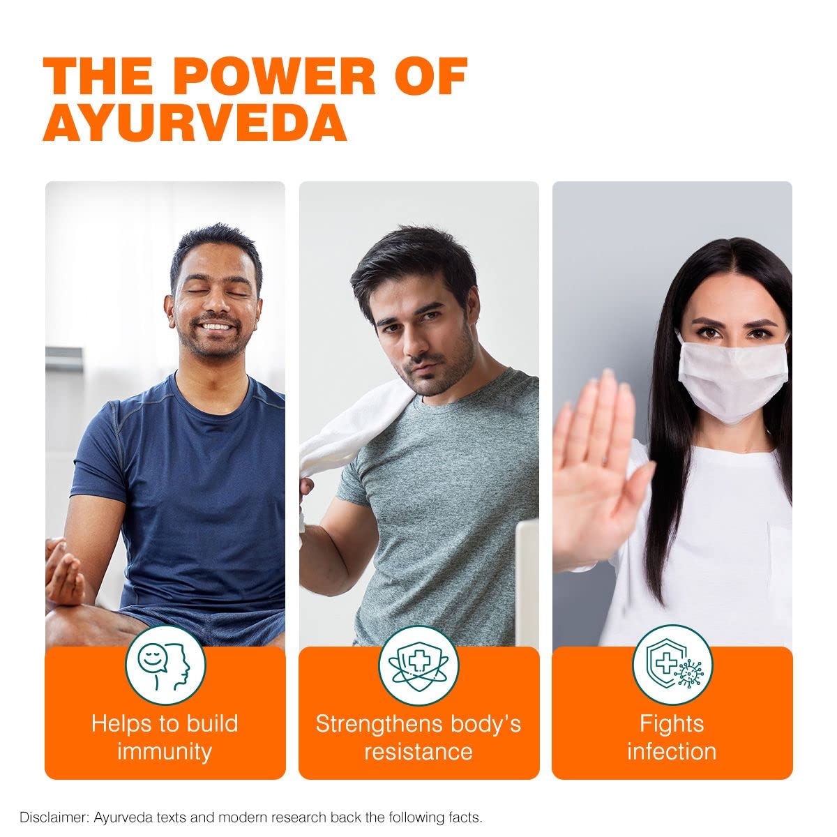 Promotional graphic about the benefits of Ayurveda with three people and text on a white background.