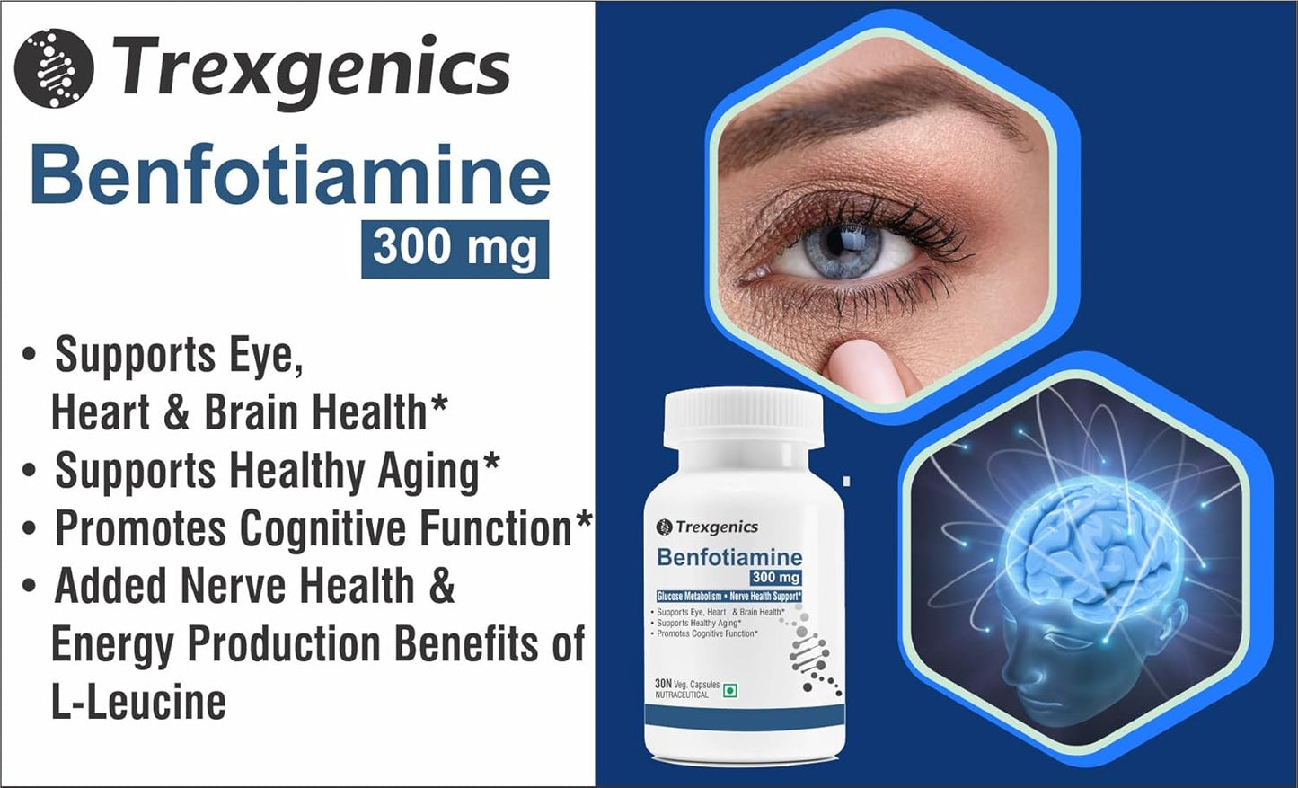 Trexgenics BENFOTIAMINE 300 mg + L-Leucine 50 mg Glucose Metabolism & Nerve Health Support VEGAN & NON-GMO (30 Veg. Capsules) (Pack of 1)