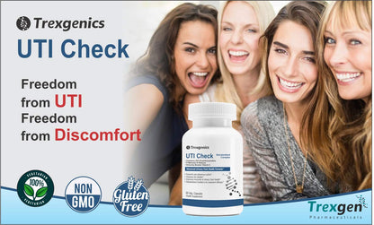Trexgenics UTI Check product with four women smiling and a bottle of the product.