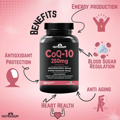 Nutrasium Co Enzyme Q-10 250 mg With Resveratrol | CoQ-10 Supplemets | For Heart & Vascular Health, Cellular Energy Boost, Potent AntiOxidant | 60 Veg Tablets (60 Veg Tablets, Co-Q10)