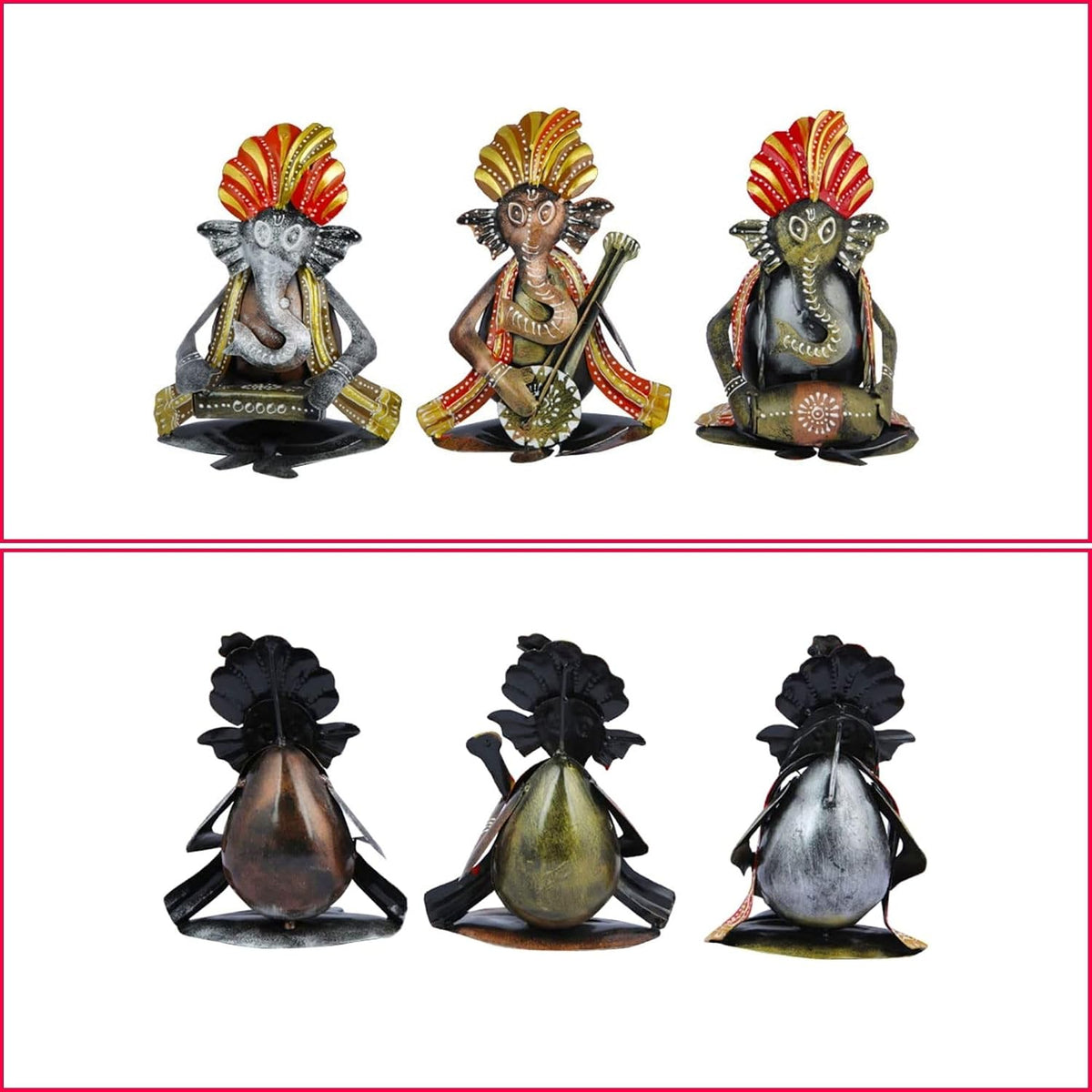 CraftVatika Metal Ganesha Playing Musical Instruments Set of 3, Handcrafted Ganesha Playing Dholak Harmonium Sitar Showpiece for Living Room Tabletop Home Décor Items, Ganesh Musical Showpiece
