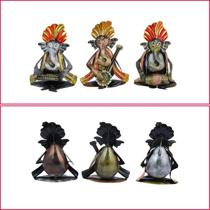 CraftVatika Metal Ganesha Playing Musical Instruments Set of 3, Handcrafted Ganesha Playing Dholak Harmonium Sitar Showpiece for Living Room Tabletop Home Décor Items, Ganesh Musical Showpiece
