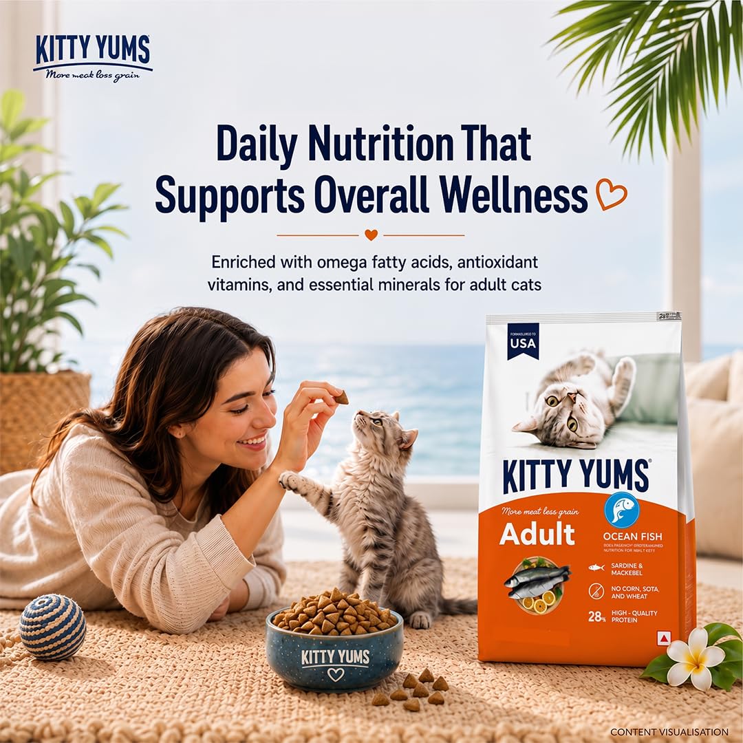 Kitty Yums Adult (+1 Year) Dry Cat Food 1.2kg Pack | Ocean Fish Flavour | Develop Strong Bones | Healthy Skin & Coat | Supports Digestive System | Maintains a Healthy Heart