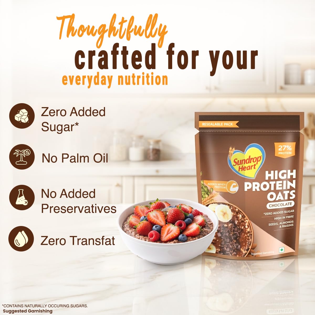Sundrop Heart High Protein Oats| 27g Protein| Zero Added Sugar| Whey Protein Added| 12.6g Fibre| 500g| Chocolate| Added Seeds, Almonds & Raisins