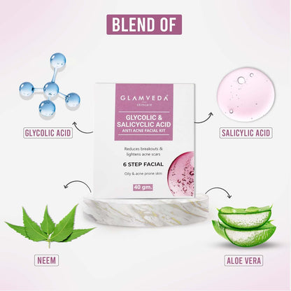 Glamveda Glycolic & 2% ww Salicylic Anti Acne Facial Kit | Pimple Care & Brightening Facial Kit For Women| No Paraben, SLS | 40gm
