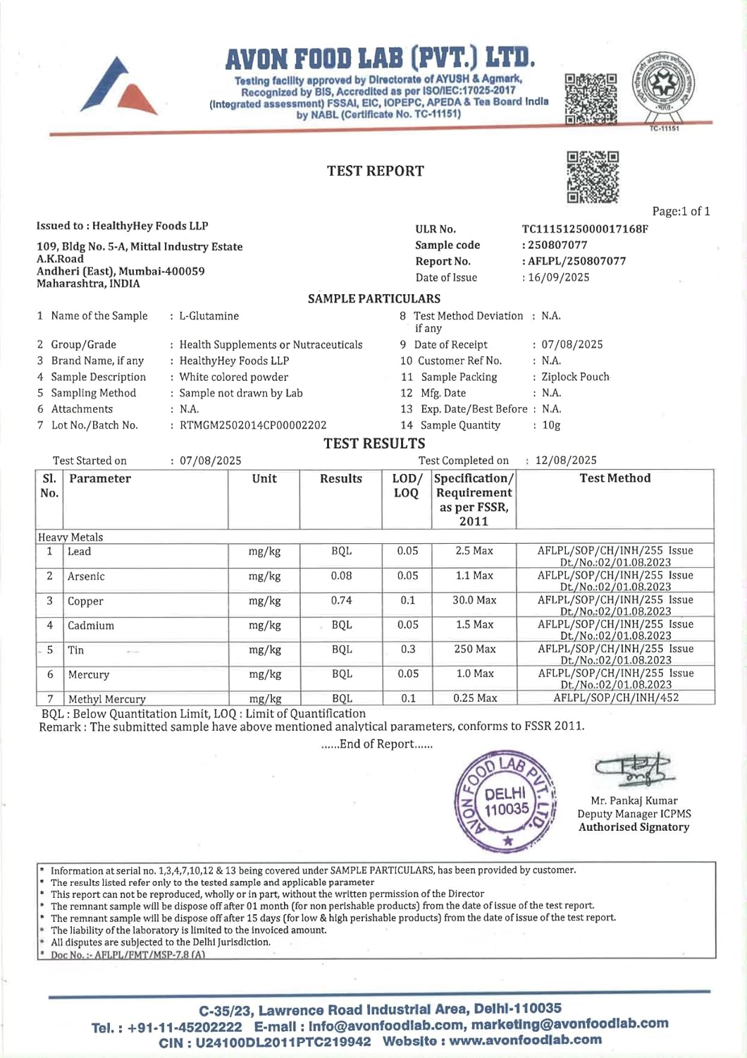Avon Food Lab test report for Healthify Me Foods LLP