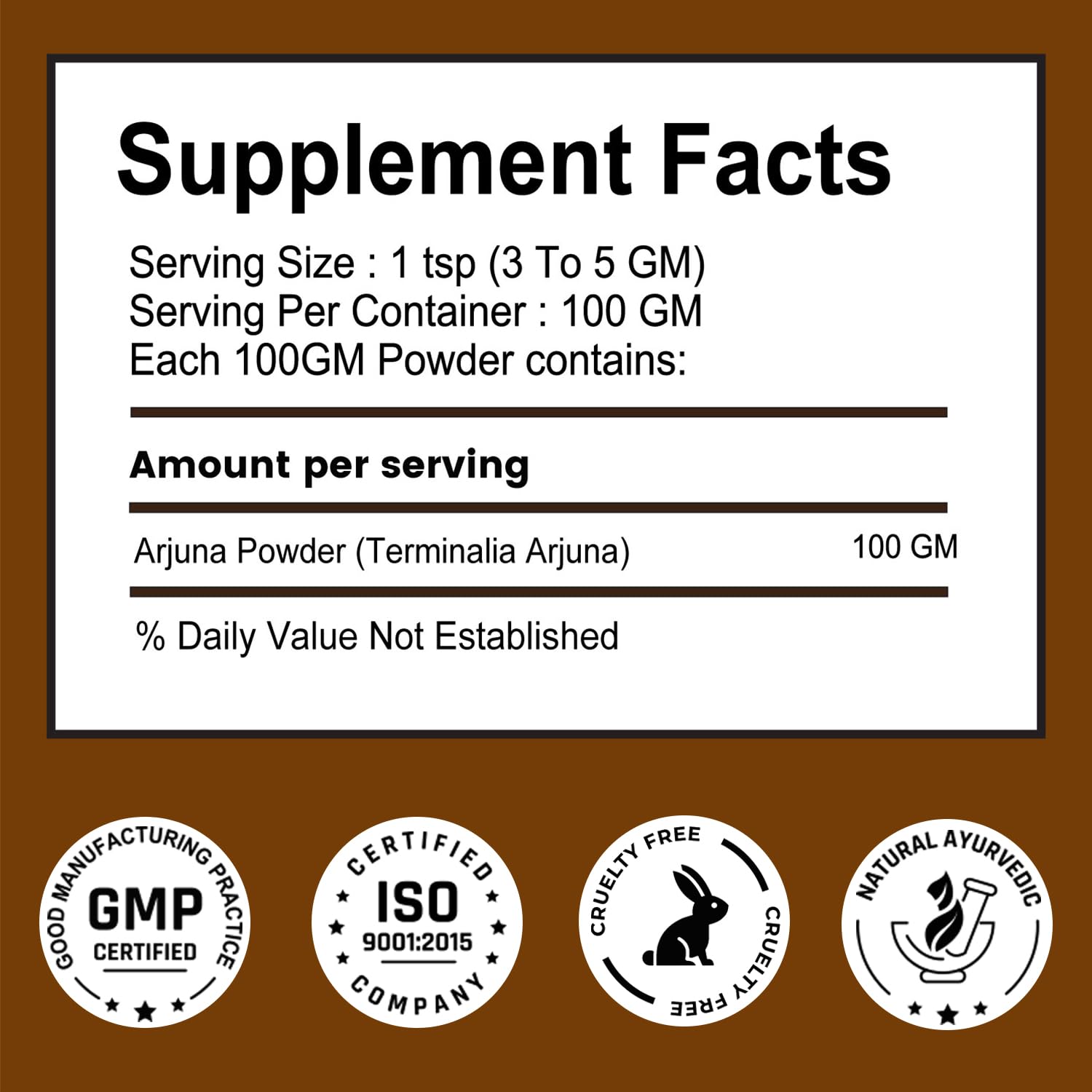 Supplement facts label with product details and certification logos on a brown background