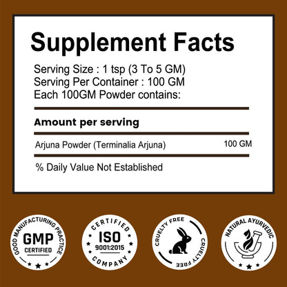 Supplement facts label with product details and certification logos on a brown background