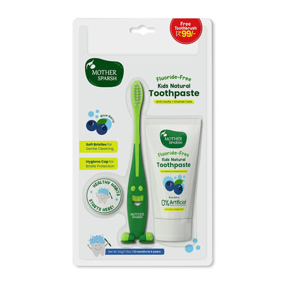 Mother Sparsh Toothpaste for Kids-50g, Blueberry (With Free Toothbrush) | Strengthens Gums, Whitens Teeth | Preservative & Fluoride Free Baby Toothpaste | Anti Cavity + Enamel Care