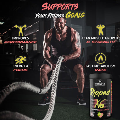 Man exercising with ropes in a gym setting, featuring a supplement bottle labeled 'Naturzy Ripped X6'.