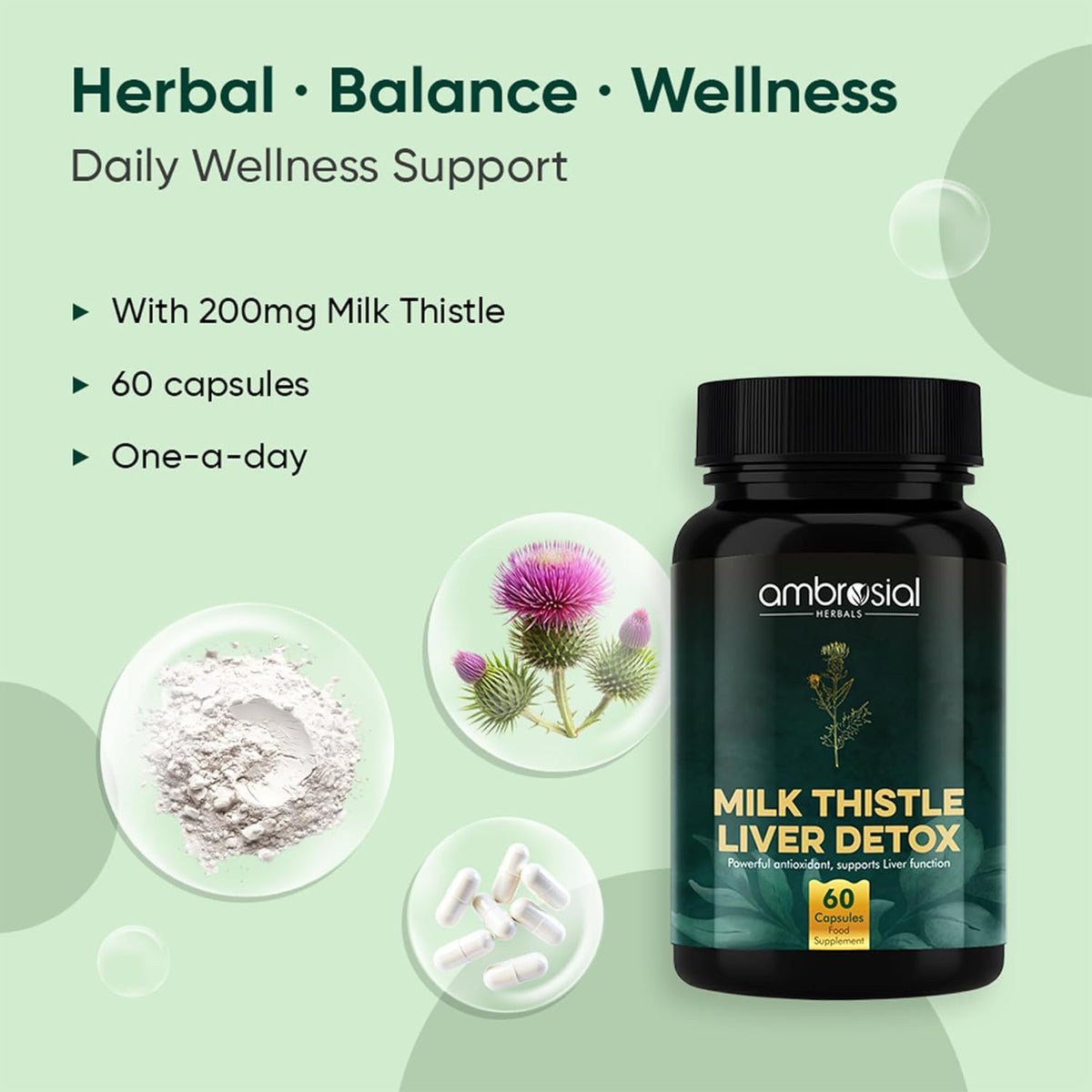 Ambrosial Milk Thistle Liver Detox supplement bottle with herbal elements on a green background