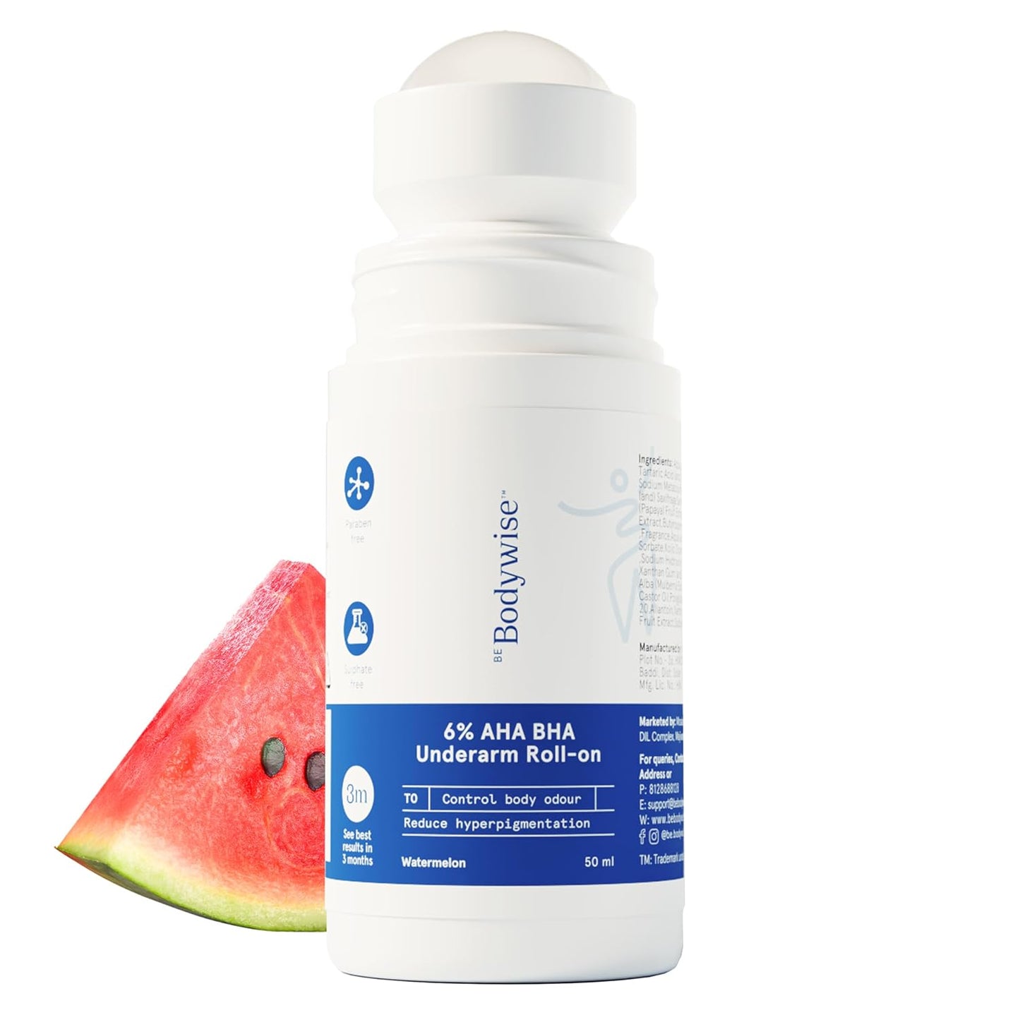 Be Bodywise 6% AHA BHA Underarm Roll On Deodorant, 50ml | 1% Mandelic, 4% Lactic, 1% Salicylic Acid | Prevents Body Odour & Fades Pigmentation for Even Tone Skin | Alcohol & Aluminum Free | Watermelon