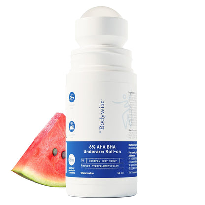 Be Bodywise 6% AHA BHA Underarm Roll On Deodorant, 50ml | 1% Mandelic, 4% Lactic, 1% Salicylic Acid | Prevents Body Odour & Fades Pigmentation for Even Tone Skin | Alcohol & Aluminum Free | Watermelon
