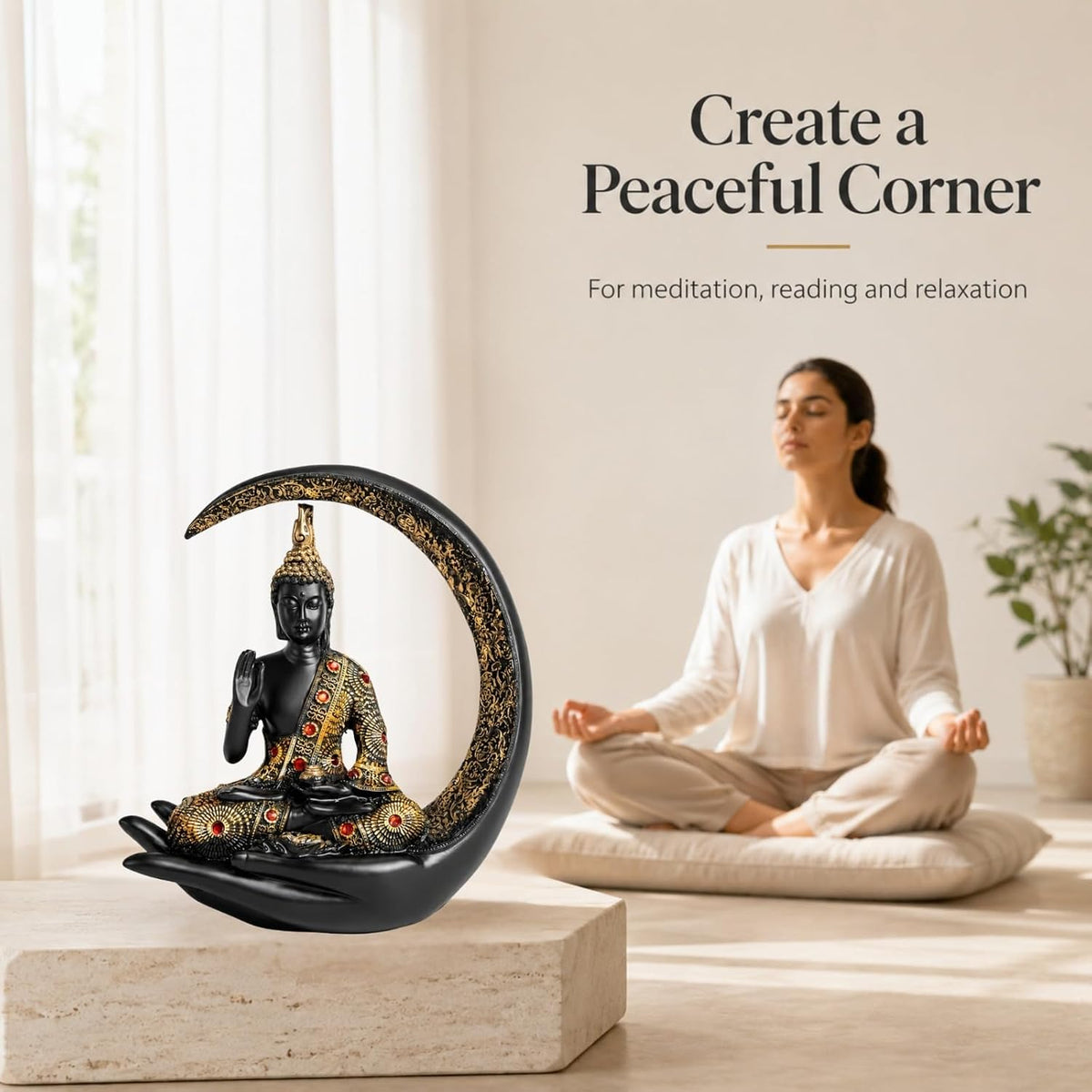 10 Inch 3D Meditating Buddha Statue with Crescent Moon | Black Resin Buddha Idol for Home Decor, Living Room, Office Desk & Gift | Lucky Spiritual Decorative Showpiece