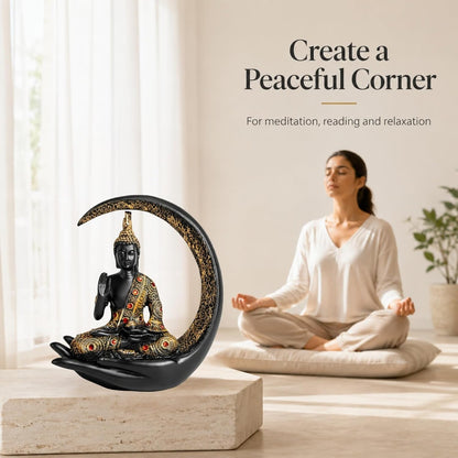 10 Inch 3D Meditating Buddha Statue with Crescent Moon | Black Resin Buddha Idol for Home Decor, Living Room, Office Desk & Gift | Lucky Spiritual Decorative Showpiece