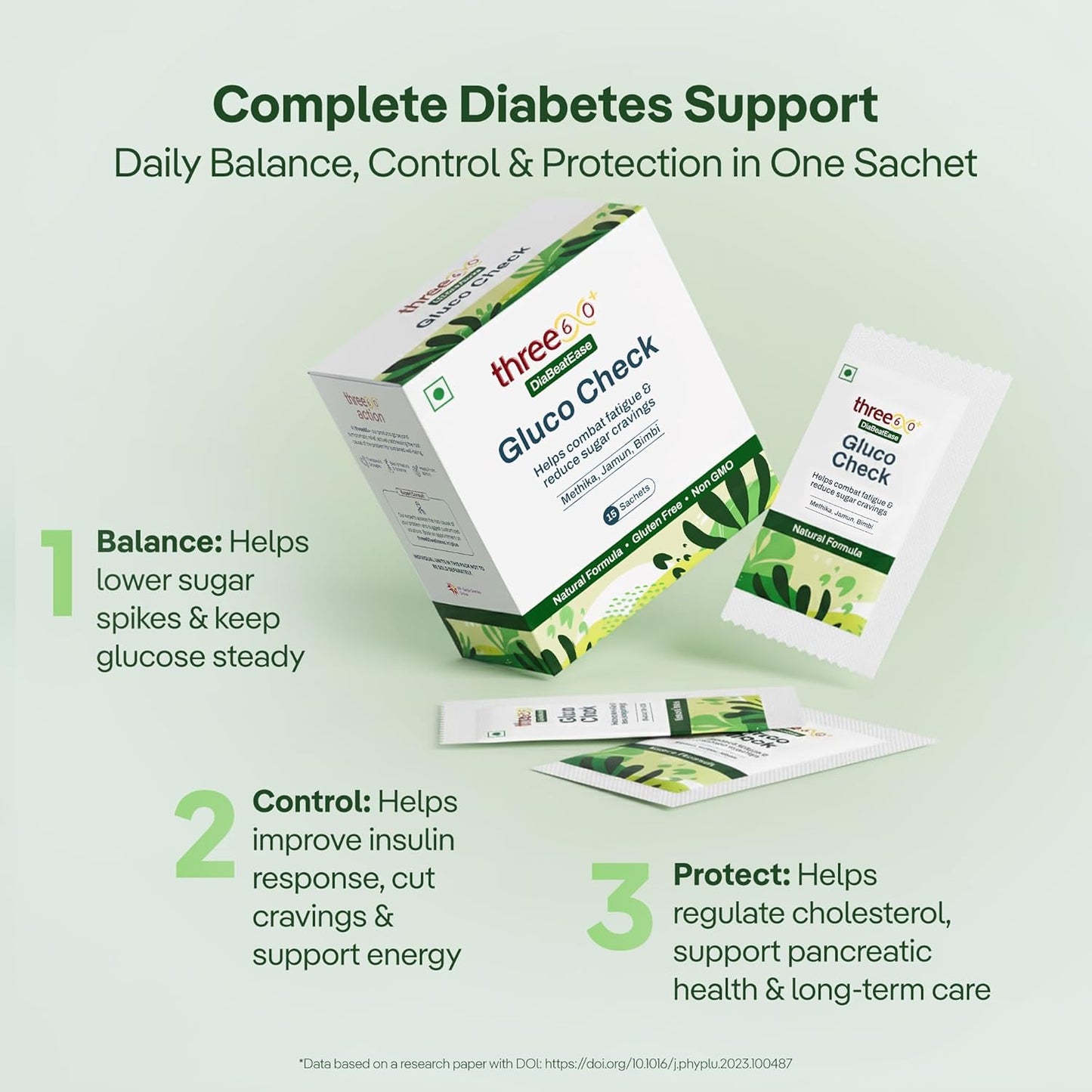 three60+ Gluco Check Powder | Diabetic Care & Diabetes Control Powder | Clinically Proven Diabetic Supplement for Blood Sugar Level | Better than Juice with Only Jamun, Karela | Natural, Non-GMO, Gluten Free | 15 Sachets | 15 Day Pack (Pack of 1)