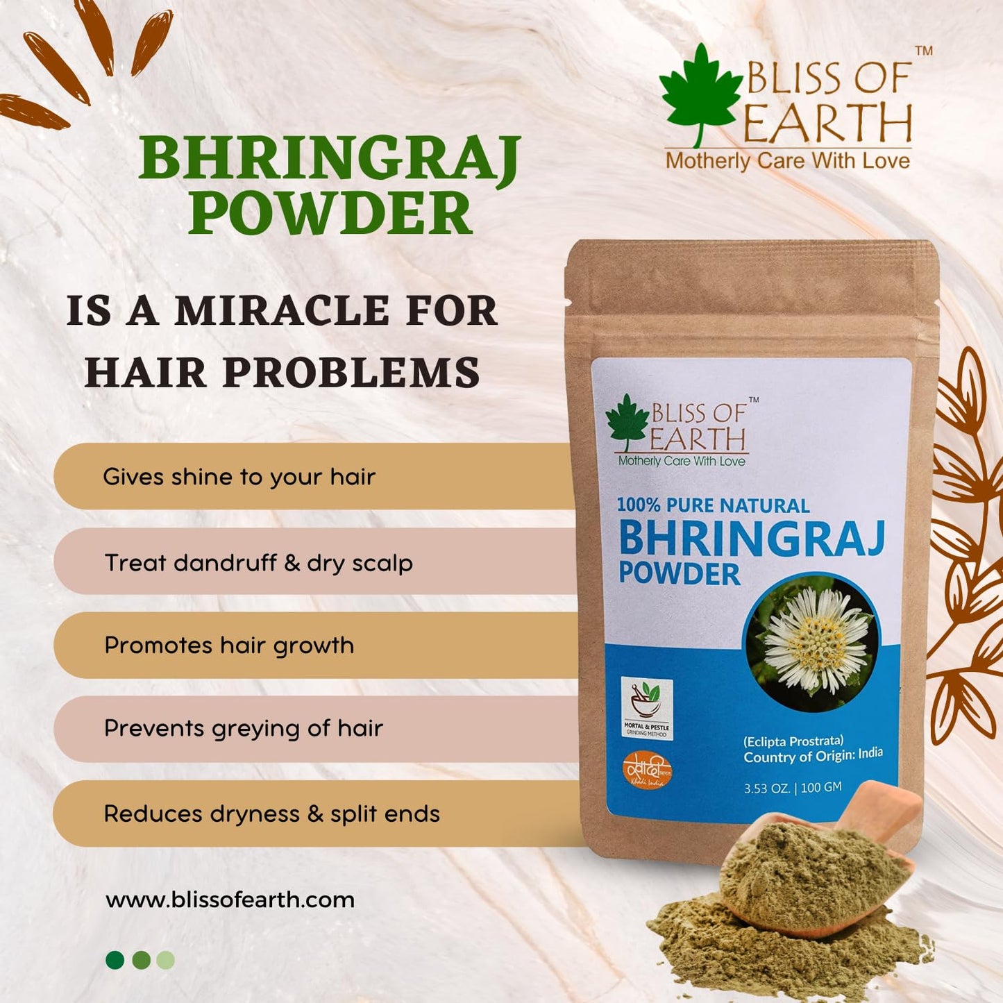 Bliss of Earth Bhringraj Powder for Hair Growth, Herbal Great for Hair Mask, Hair Grow & Skin Care 100gm