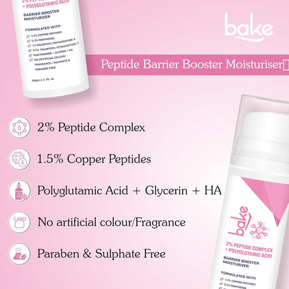 BAKE 2% Peptide Complex Moisturizer with Polyglutamic Acid, 1.5% Copper Peptides, Niacinamide for Barrier Repair & Strengthening | Non Comedogenic, For Oily, Normal & Sensitive Skin - 50g