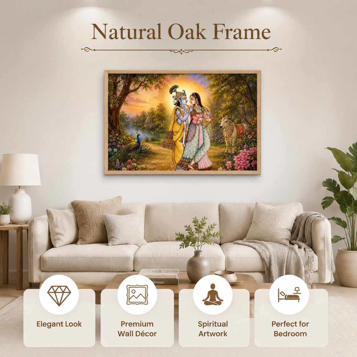 Radha Krishna Garden Vastu Wall Painting for Living Room Bedroom Hall Office Decor, Devotional Peacock Cow Artwork, Premium Wooden Synthetic Frame (13.5 x 19.5 Inch) NM01-V-166