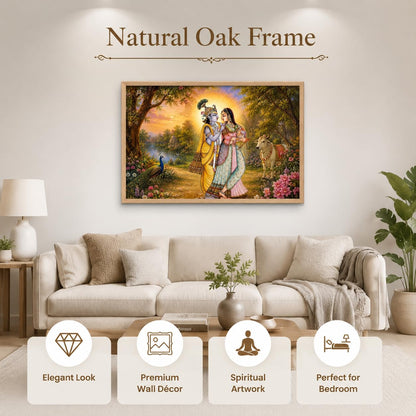 Radha Krishna Garden Vastu Wall Painting for Living Room Bedroom Hall Office Decor, Devotional Peacock Cow Artwork, Premium Wooden Synthetic Frame (13.5 x 19.5 Inch) NM01-V-166