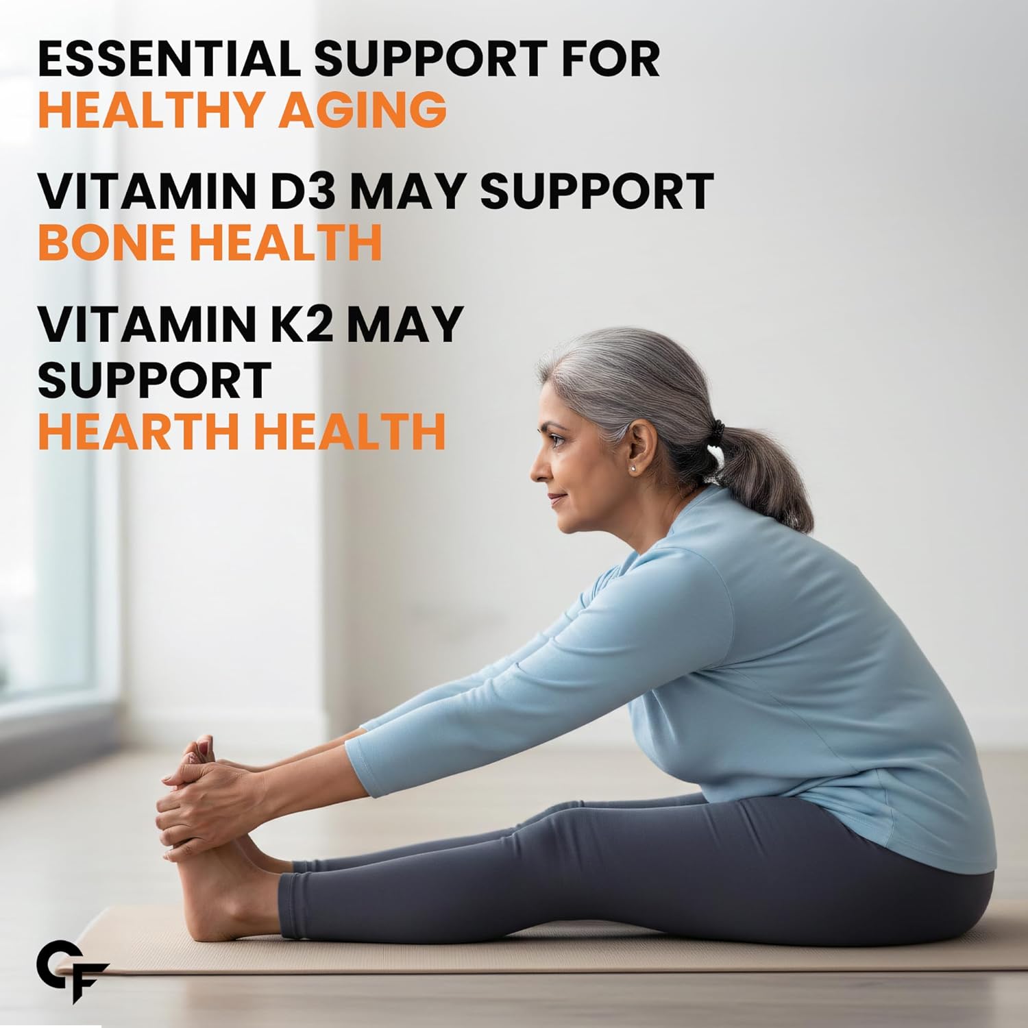 Woman sitting on a yoga mat with text about vitamin D3 and K2 for healthy aging.